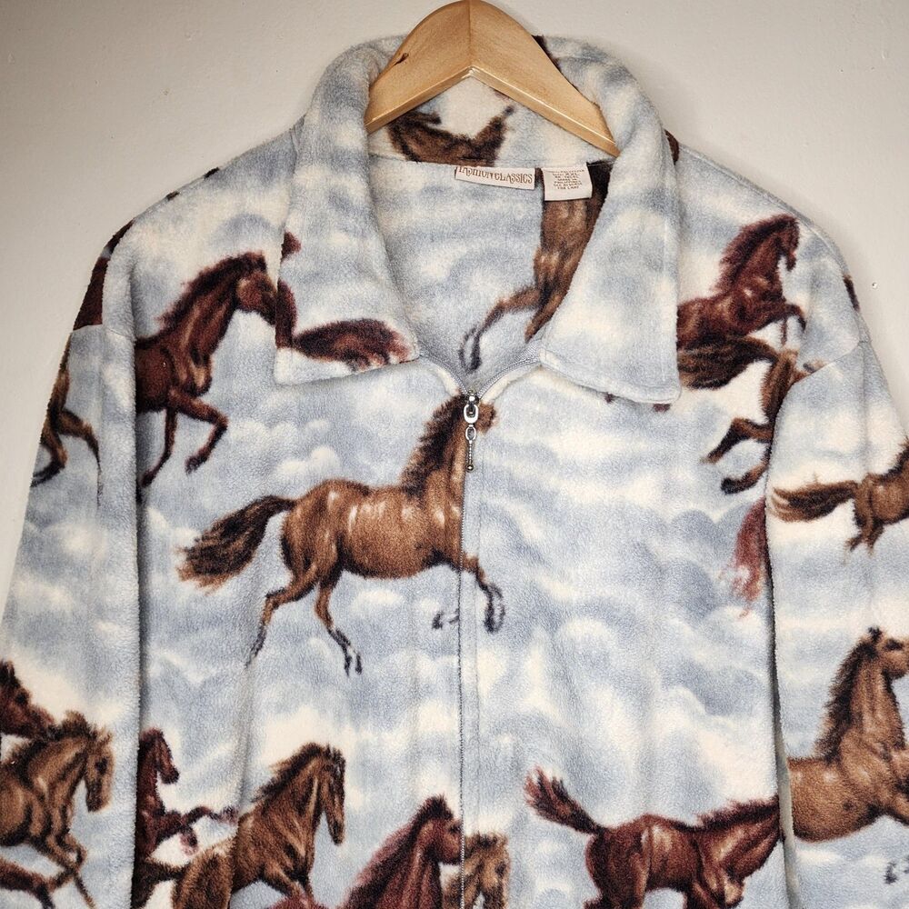 Vintage 90s Equestrian Horse Print Fleece Jacket Womens XXL Western Full Zip - Picture 2 of 12